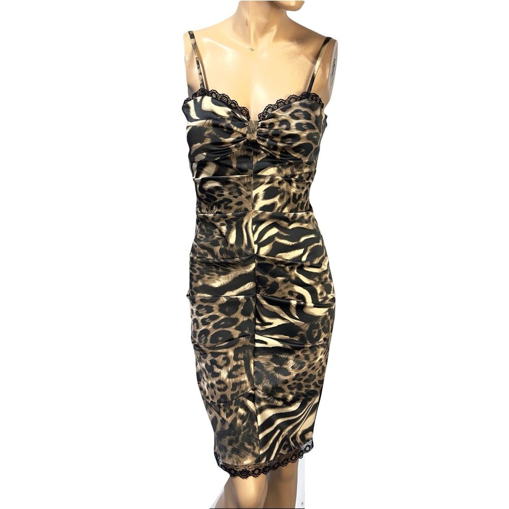 Faviana Leopard Print Corset Dress Padded Cups Cocktail Ruched Lace Trim Size M